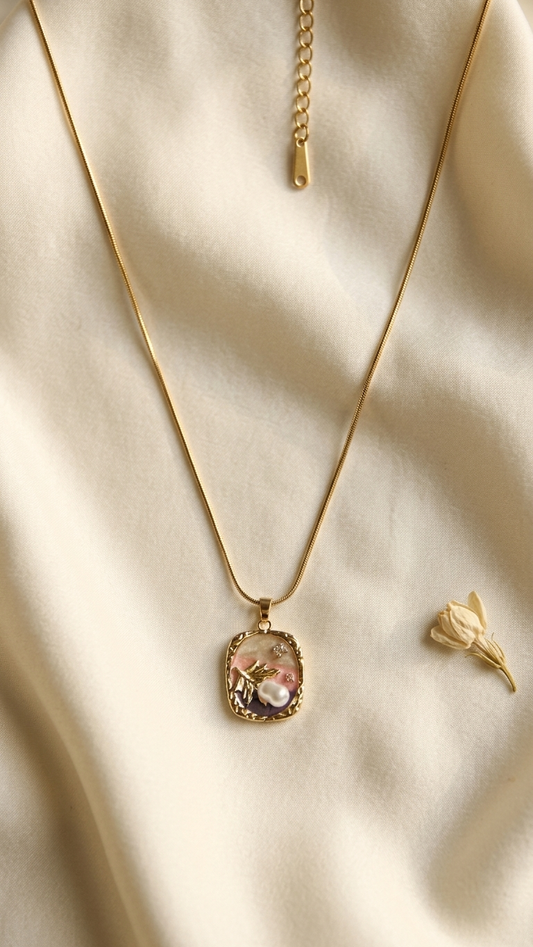 Gold Tone Botanical Resin Art Pendant Necklace with Pearl & Crystal