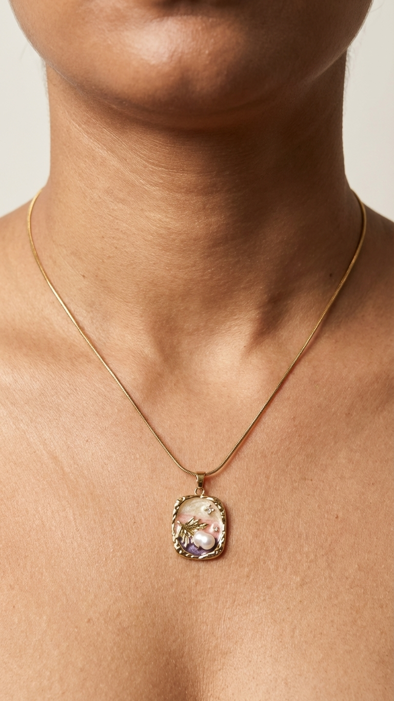 Gold Tone Botanical Resin Art Pendant Necklace with Pearl & Crystal