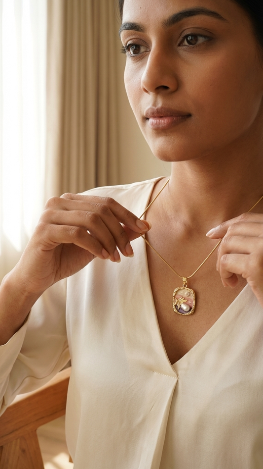 Gold Tone Botanical Resin Art Pendant Necklace with Pearl & Crystal