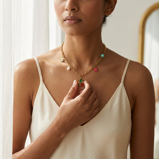 Gold Tone Multicolor Whimsical Charm Necklace