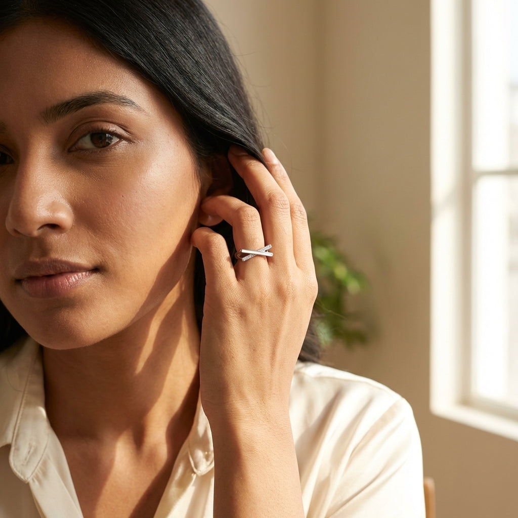 Adjustable Silver Plated X Ring with Stones