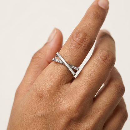Adjustable Silver Plated X Ring with Stones