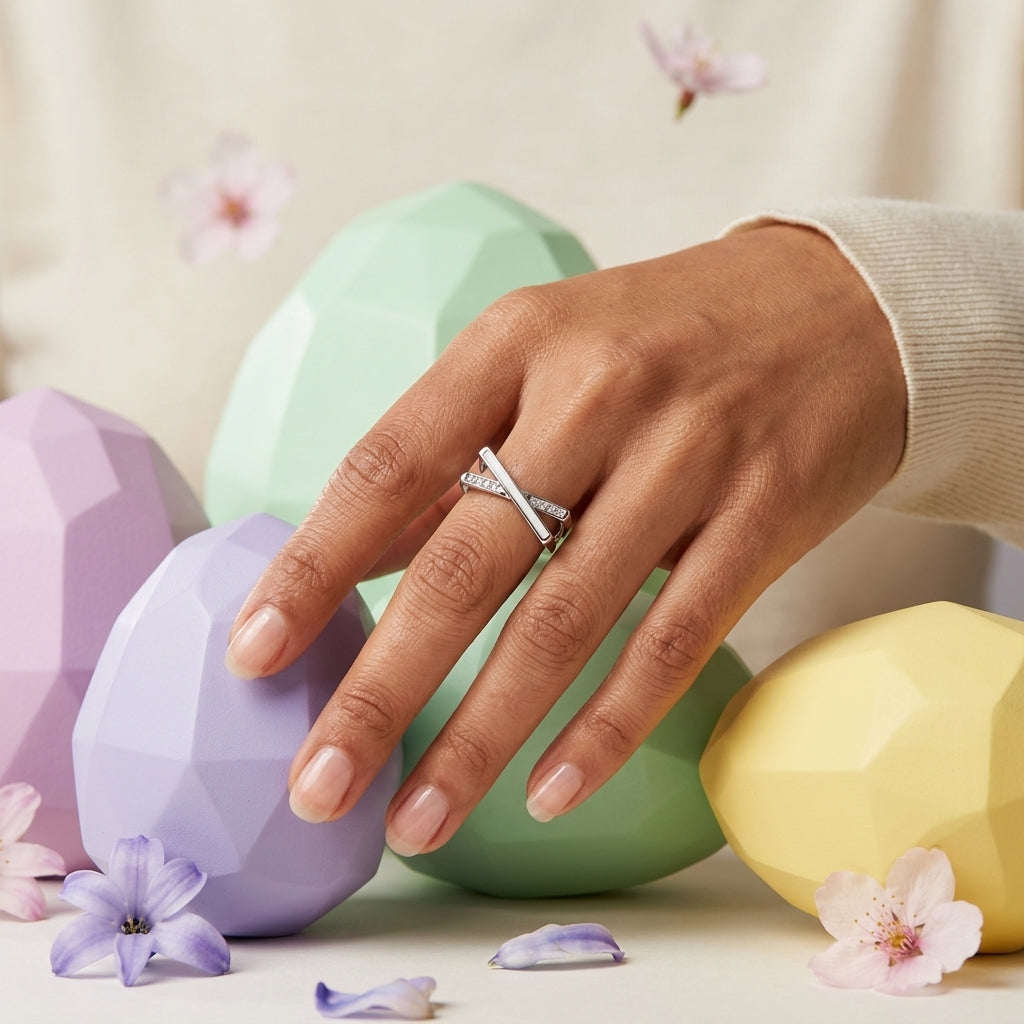 Adjustable Silver Plated X Ring with Stones