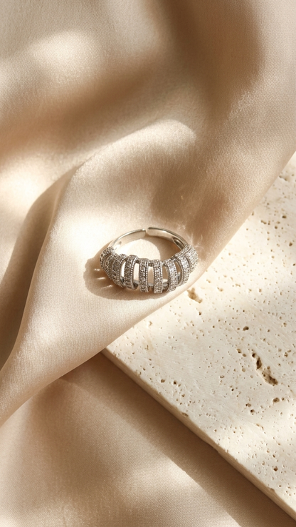 Silver Statement Ring with Diamond Cage Design