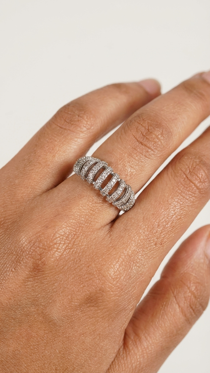 Silver Statement Ring with Diamond Cage Design