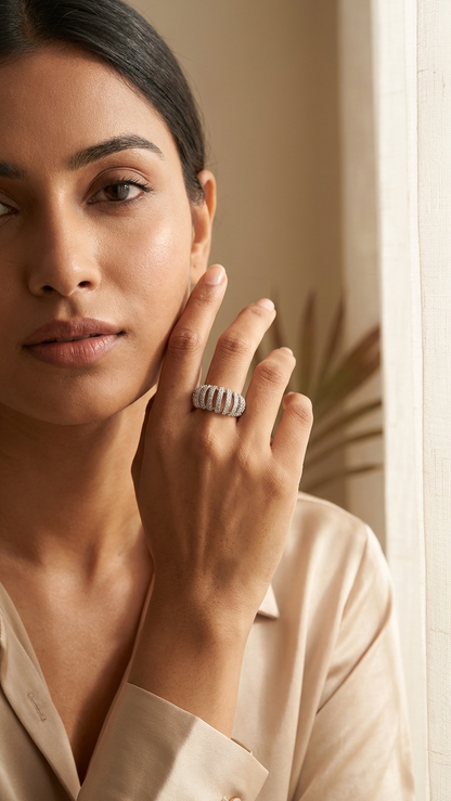 Silver Statement Ring with Diamond Cage Design
