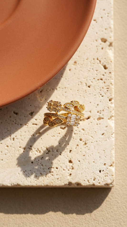 Dual Band Gold Ring with Marquise & Baguette Stones