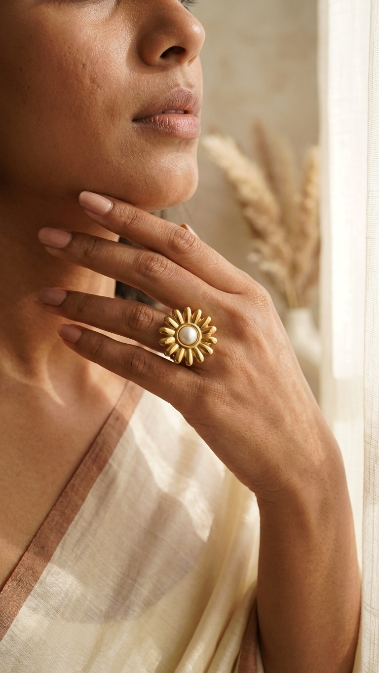 Pearl Flower Gold Ring – Elegant Floral Statement Jewelry size 19