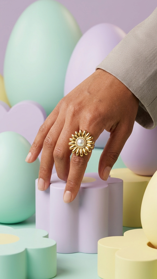 Pearl Flower Gold Ring – Elegant Floral Statement Jewelry size 19
