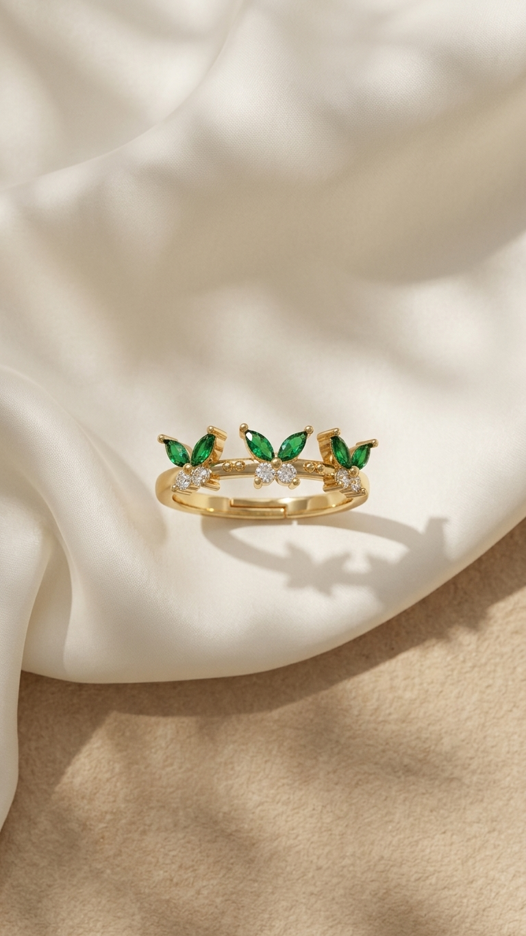 Green Butterfly Gold Ring – Adjustable Crystal Butterfly Band