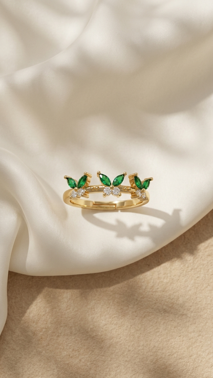 Green Butterfly Gold Ring – Adjustable Crystal Butterfly Band