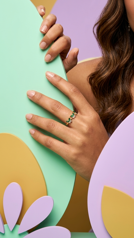 Green Butterfly Gold Ring – Adjustable Crystal Butterfly Band