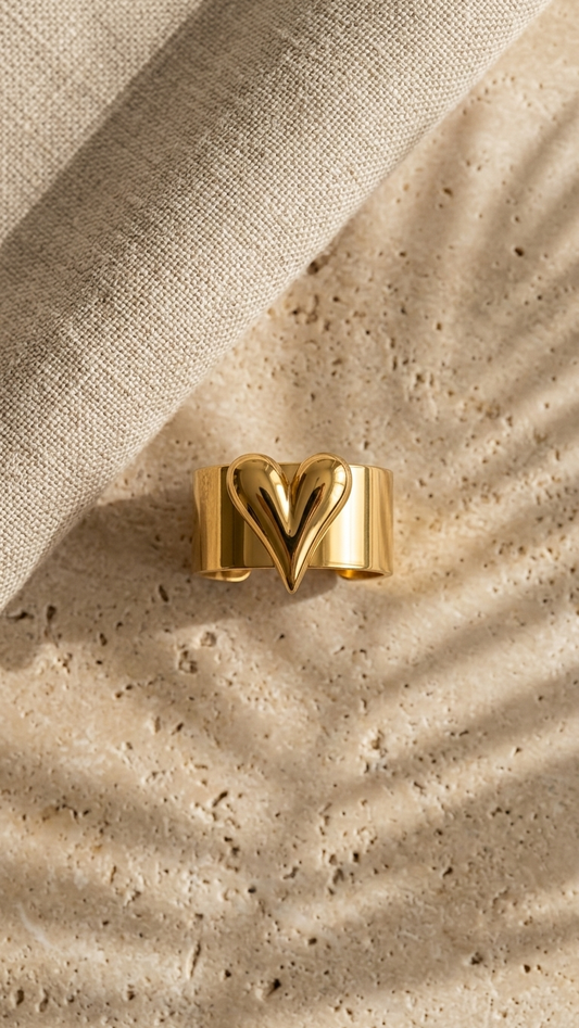 Bold Heart Statement Ring – Modern Gold Adjustable Jewellery