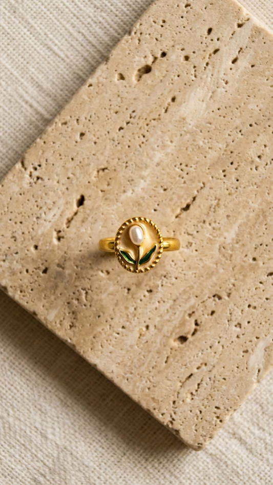 Tulip Bloom Ring – Gold Plated Floral Design with Pearl size 19