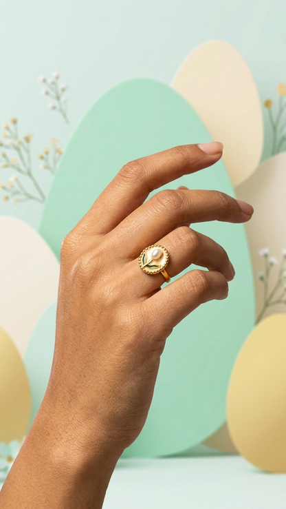 Tulip Bloom Ring – Gold Plated Floral Design with Pearl size 19