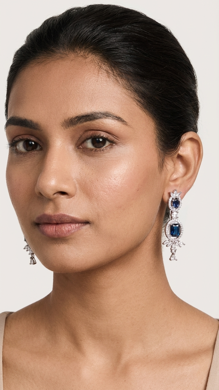 Navy Blue Stone Drop Earrings with American Diamond Halo