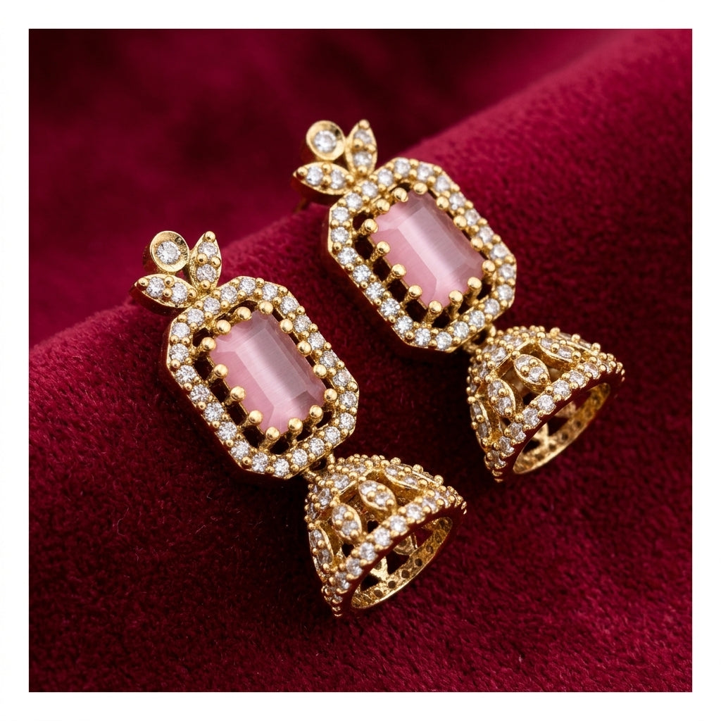 Blush Pink Fusion Jhumkas – Rose Quartz Tone AD Earrings with Antique Gold Finish