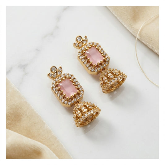Blush Pink Fusion Jhumkas – Rose Quartz Tone AD Earrings with Antique Gold Finish