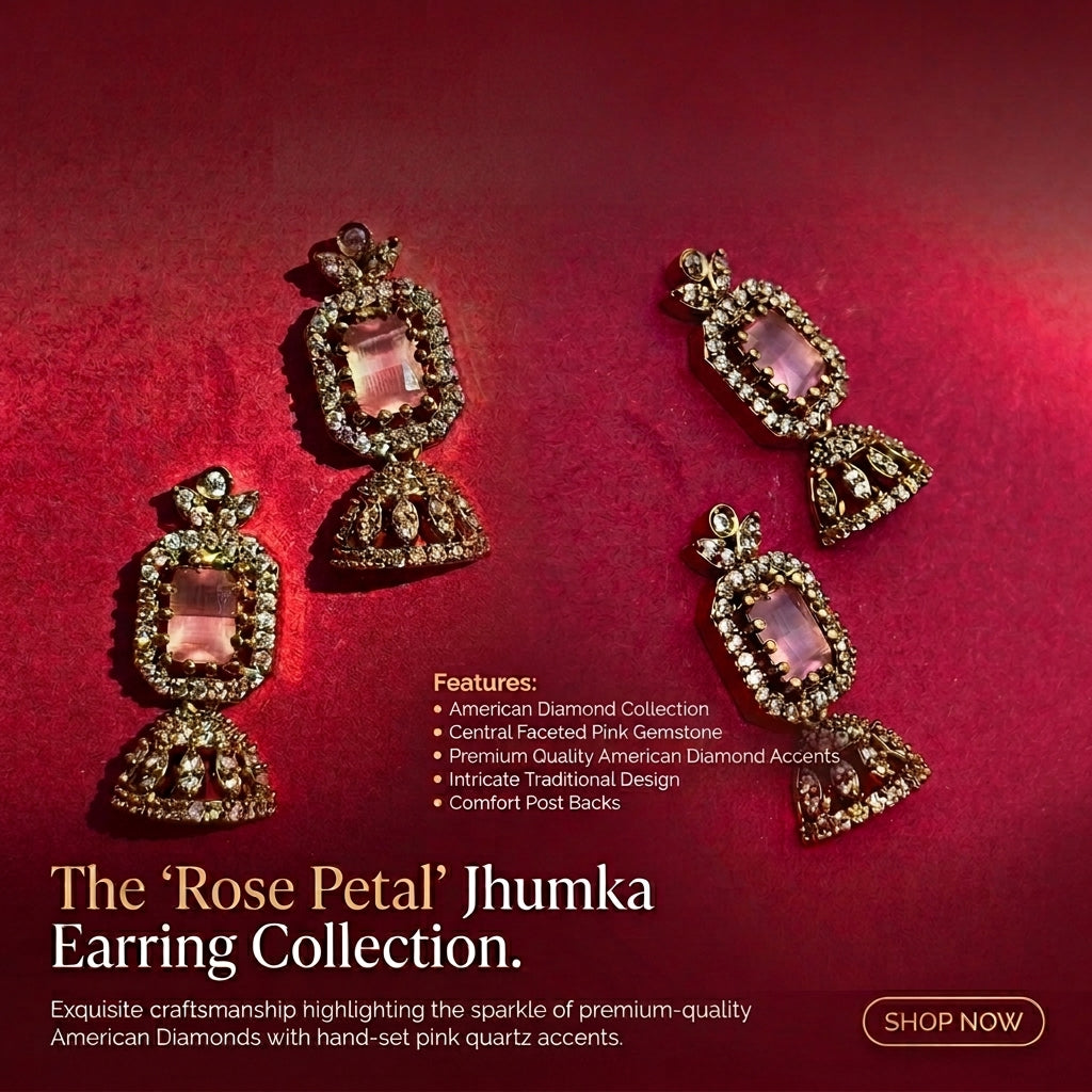 Blush Pink Fusion Jhumkas – Rose Quartz Tone AD Earrings with Antique Gold Finish