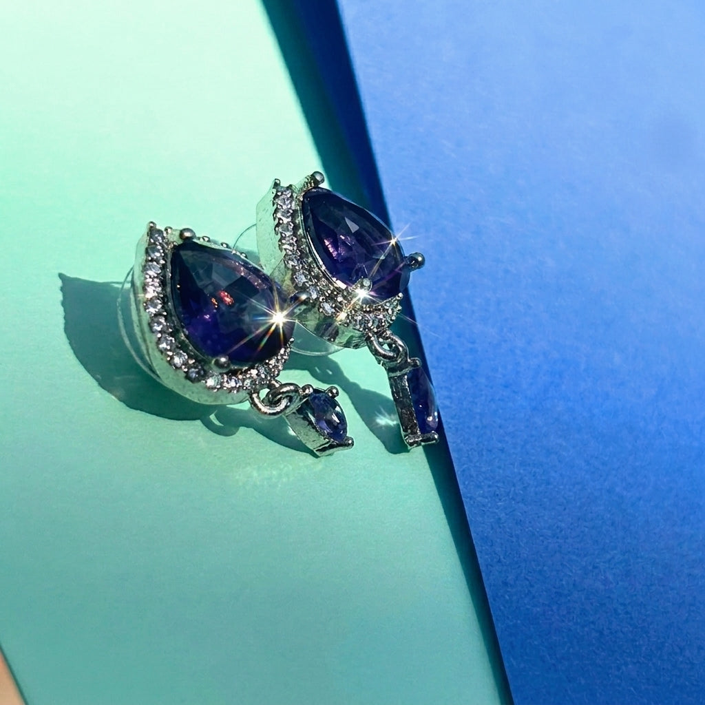Royal Purple Teardrop Drops – Silver-Toned American Diamond Halo Earrings