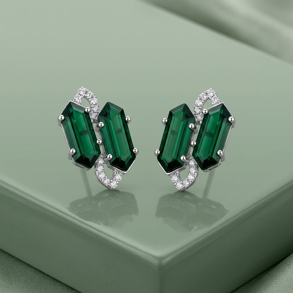 Emerald Green Architectural Studs - AD & Silver-Toned Statement Earrings