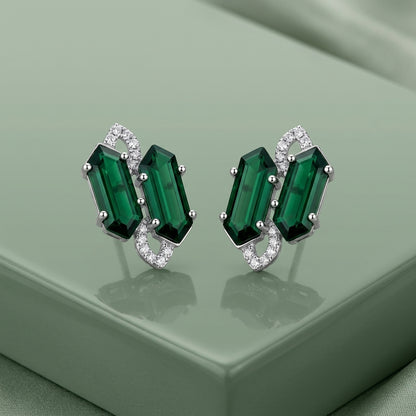 Emerald Green Architectural Studs - AD & Silver-Toned Statement Earrings