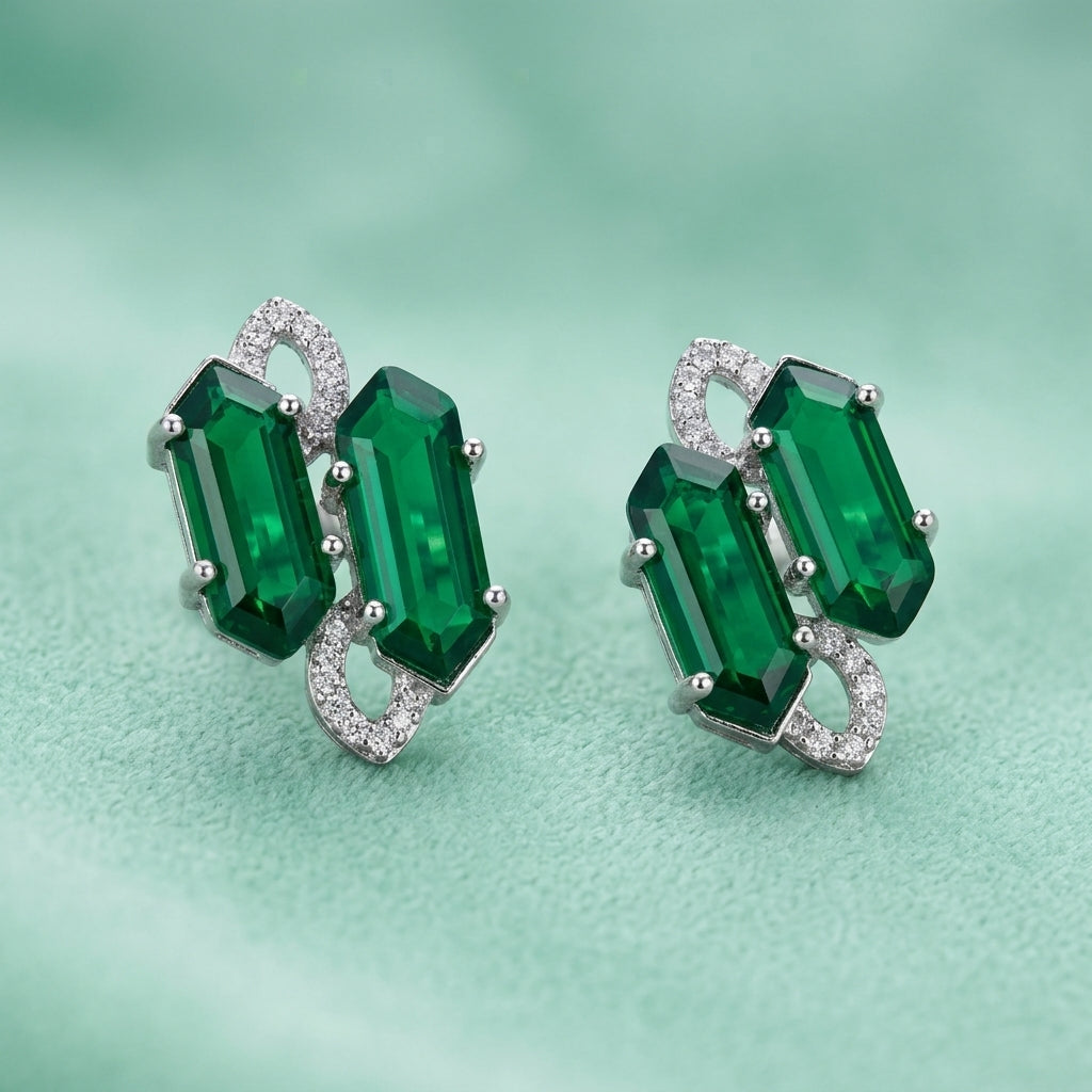 Emerald Green Architectural Studs - AD & Silver-Toned Statement Earrings