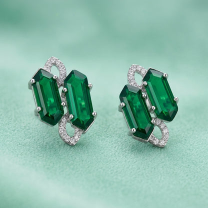 Emerald Green Architectural Studs - AD & Silver-Toned Statement Earrings