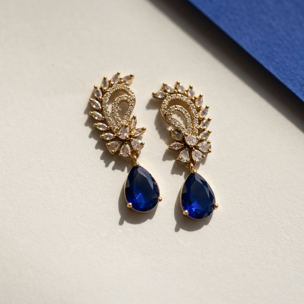 Navy Blue Pear-Cut AD Drop Earrings