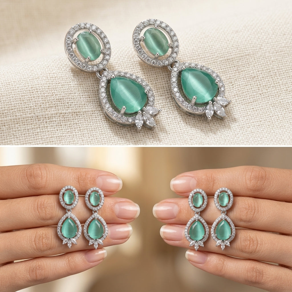 Emerald Green Long Pear-Cut AD Drop Earrings