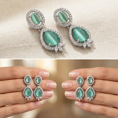 Emerald Green Long Pear-Cut AD Drop Earrings