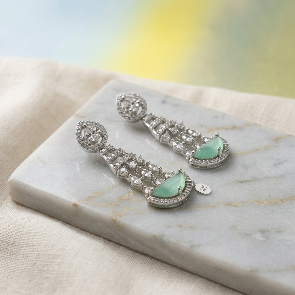Mint Green Half-Moon AD Chandelier Earrings