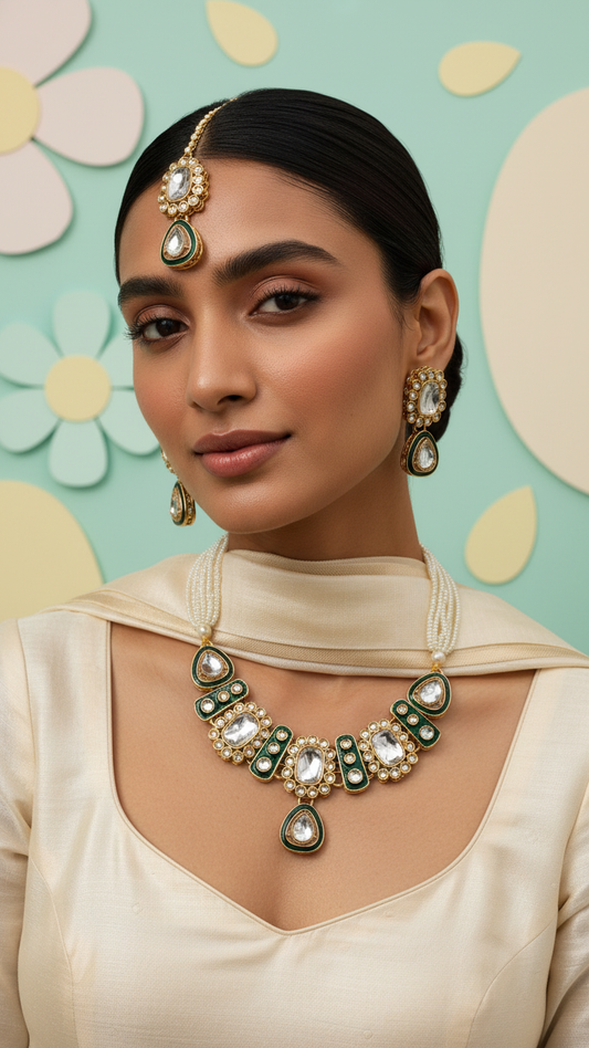 Statement Kundan & Pearl Choker Set (neckpiece, earring, maang tikka) – NainNaksh Edit