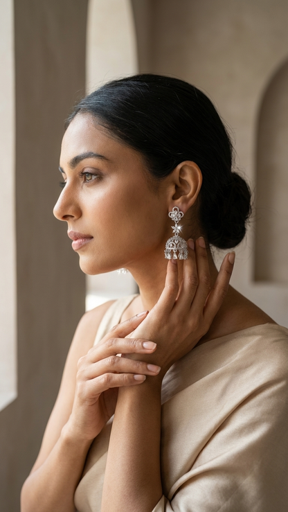 Premium Silver Polish Long Drops- AD Earrings