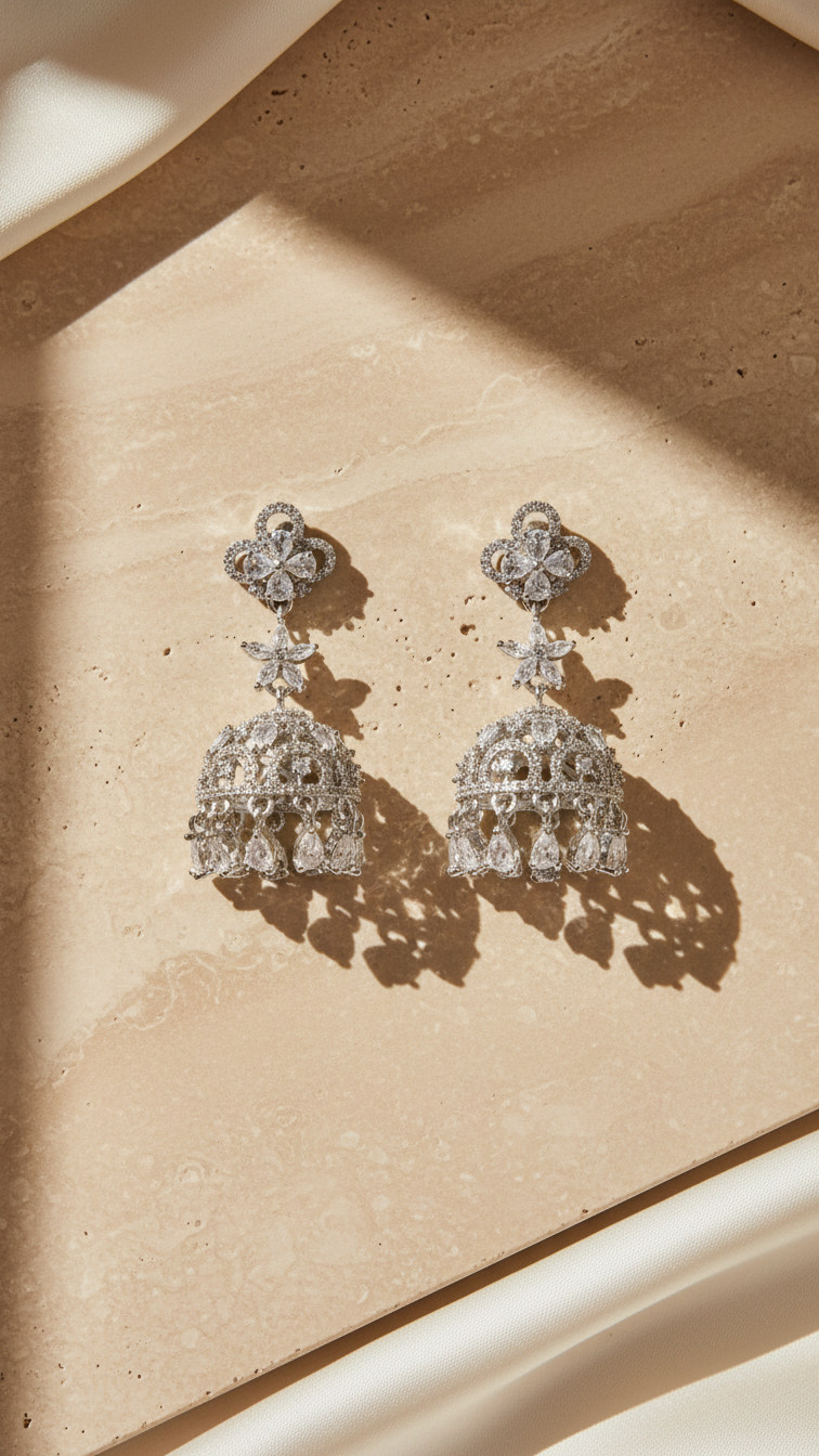 Premium Silver Polish Long Drops- AD Earrings