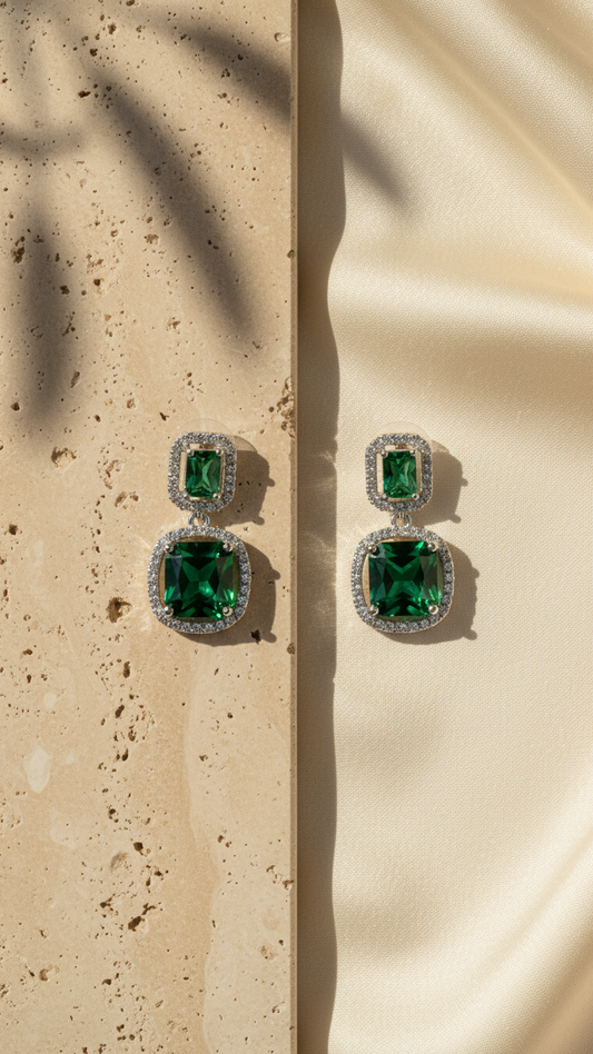Emerald Green Square AD Earrings – Double Halo Silver Finish Dangles