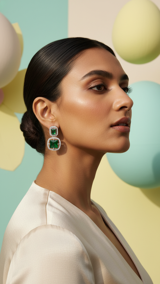 Emerald Green Square AD Earrings – Double Halo Silver Finish Dangles