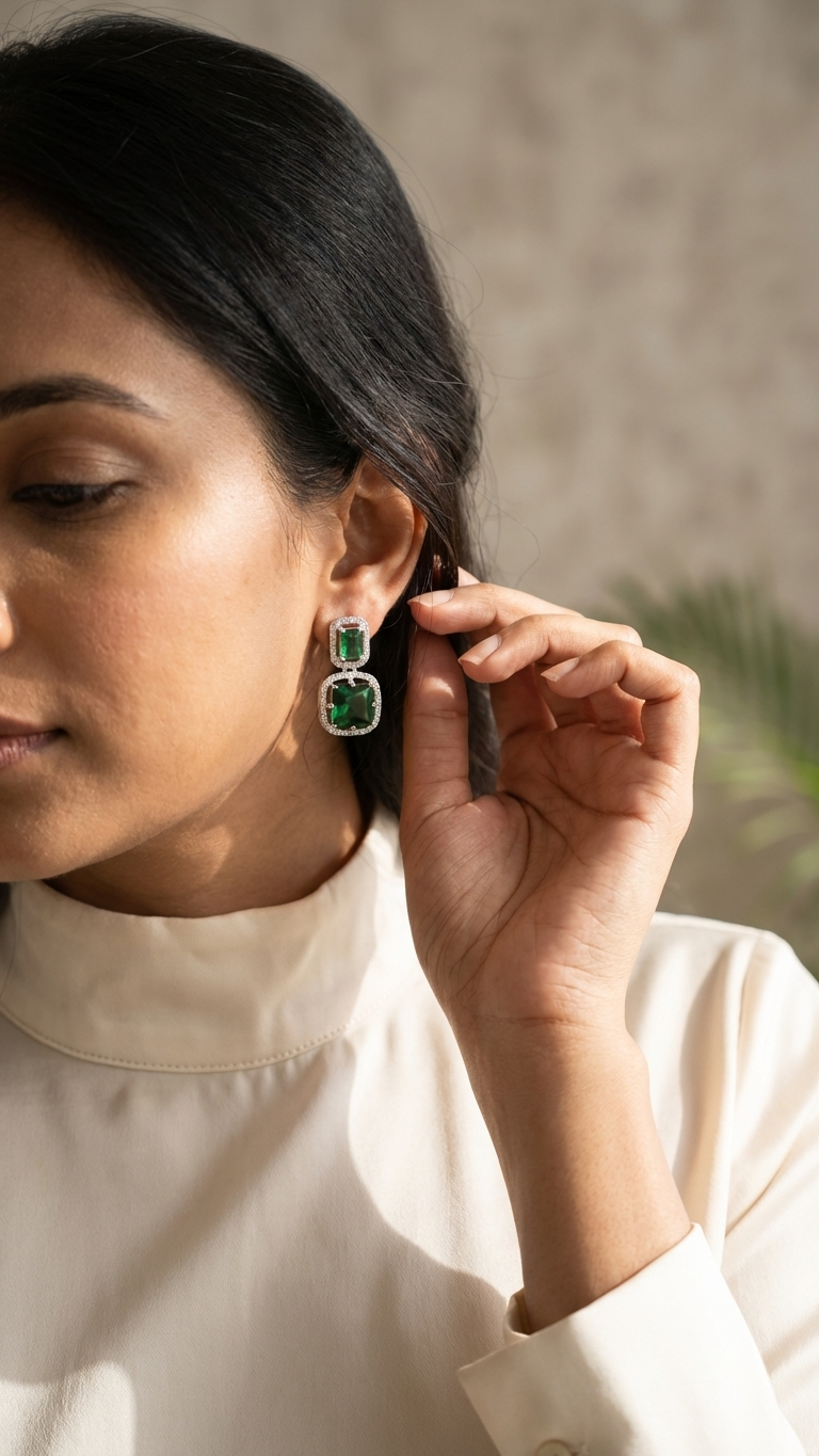 Emerald Green Square AD Earrings – Double Halo Silver Finish Dangles