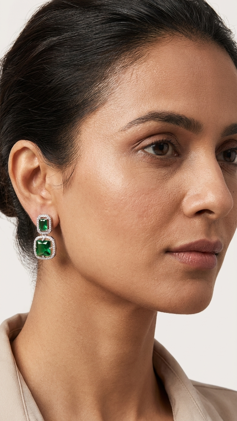 Emerald Green Square AD Earrings – Double Halo Silver Finish Dangles