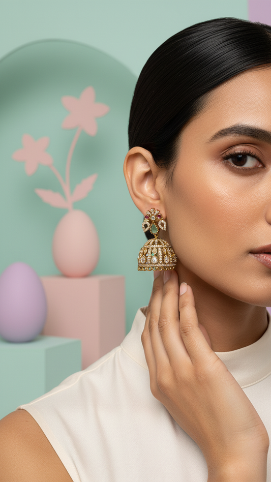 Royal Pastel AD Jhumka Earrings – Antique Gold Finish