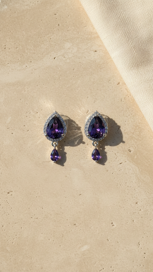 Royal Purple Teardrop Drops – Silver-Toned American Diamond Halo Earrings