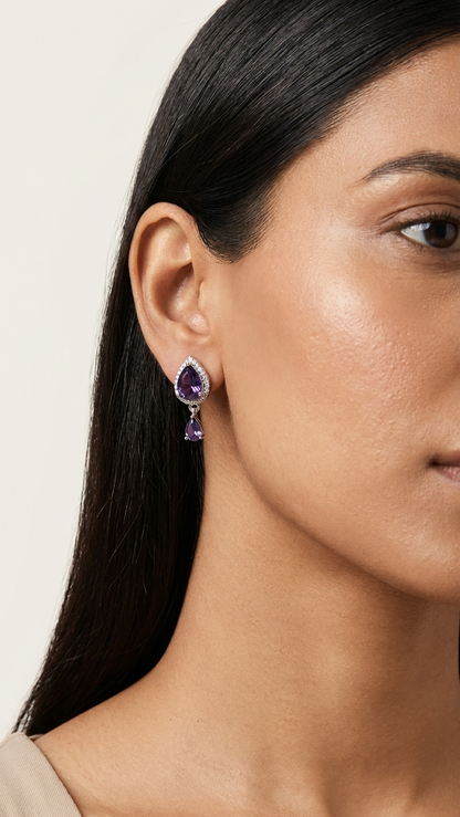 Royal Purple Teardrop Drops – Silver-Toned American Diamond Halo Earrings
