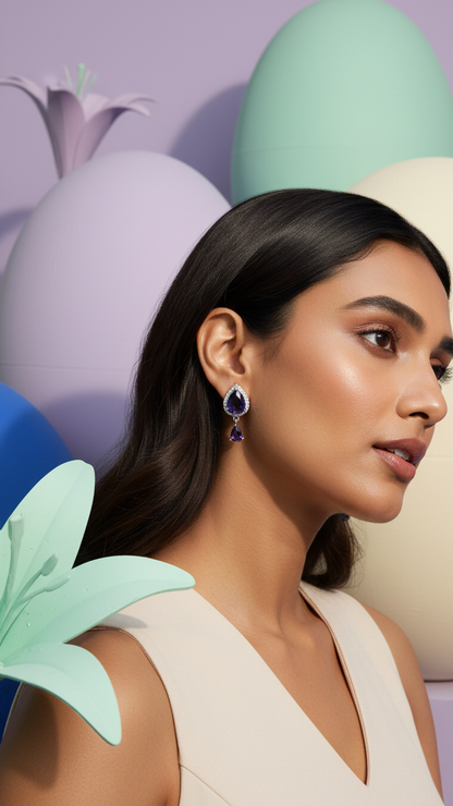Royal Purple Teardrop Drops – Silver-Toned American Diamond Halo Earrings