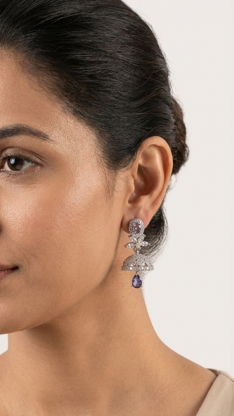 Amethyst Purple Sunburst AD Earrings – Silver Finish Teardrop Dangles