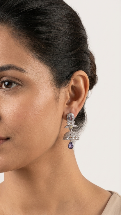 Amethyst Purple Sunburst AD Earrings – Silver Finish Teardrop Dangles