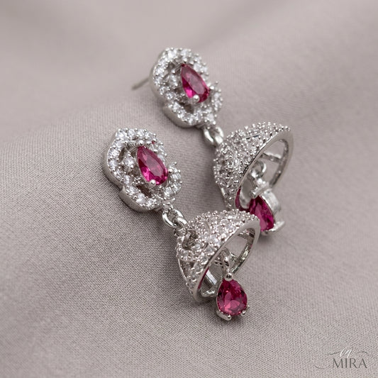 Ruby Pink Teardrop Jhumkas – Silver-Plated American Diamond Ethnic Earrings