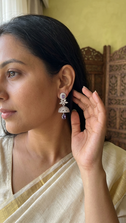 Amethyst Purple Sunburst AD Earrings – Silver Finish Teardrop Dangles