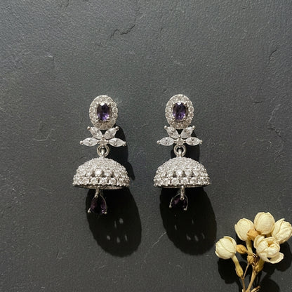 Amethyst Purple Sunburst AD Earrings – Silver Finish Teardrop Dangles