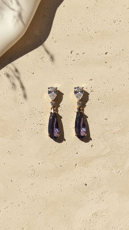 Violet Sunburst AD Earrings – Silver Finish Teardrop Chandelier Dangles