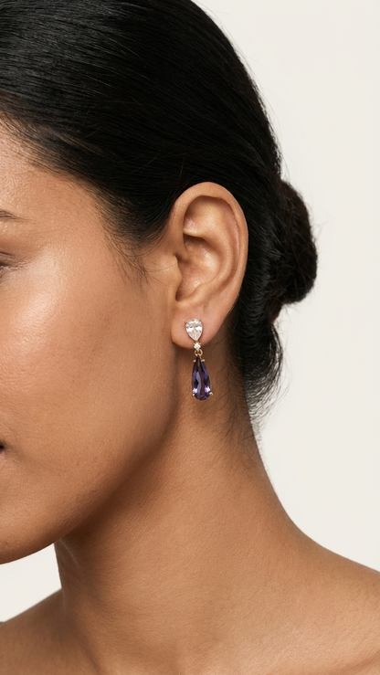 Violet Sunburst AD Earrings – Silver Finish Teardrop Chandelier Dangles